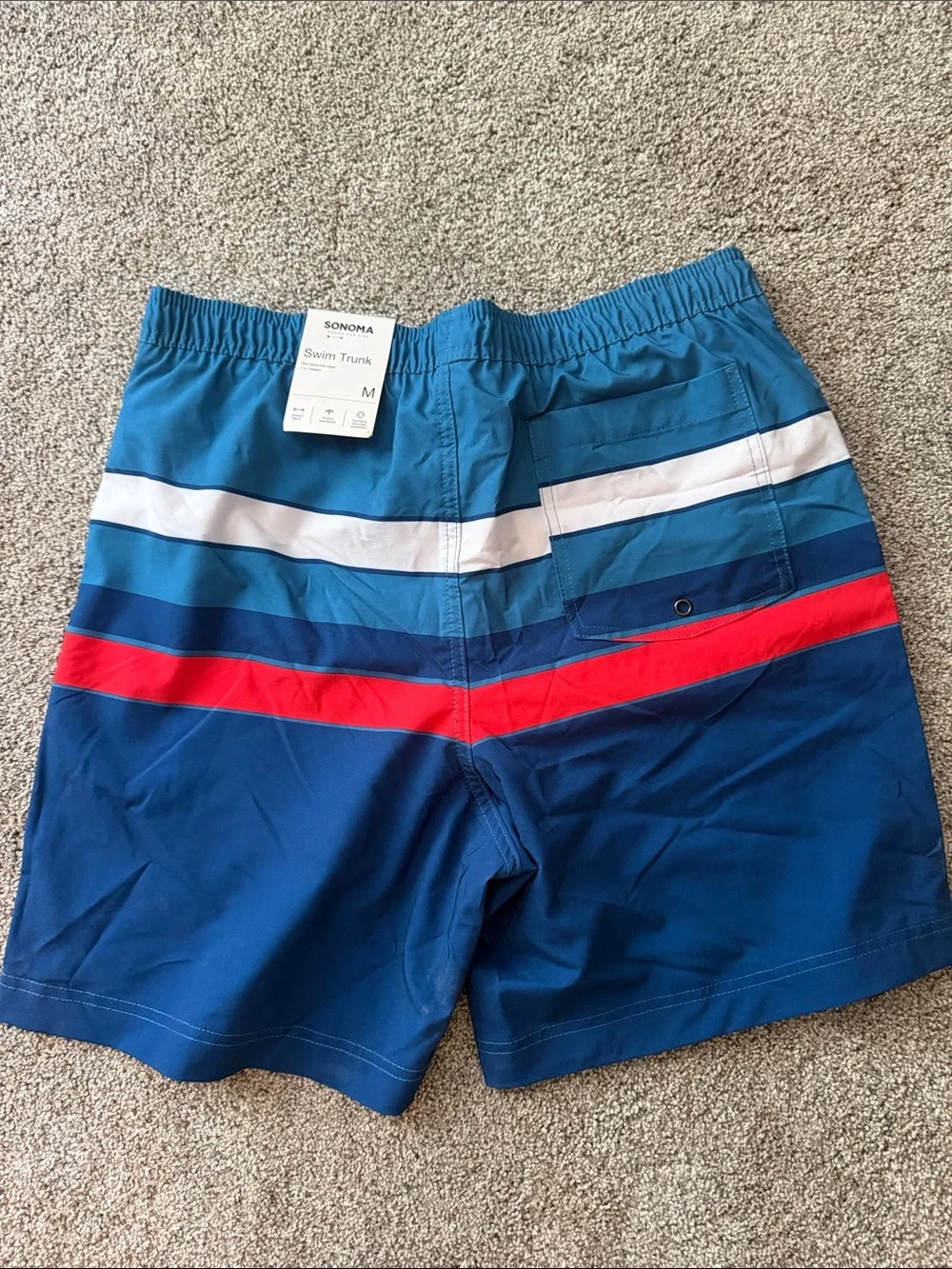 Sonoma Men’s Blue Swim Trunks with White & Red Stripes